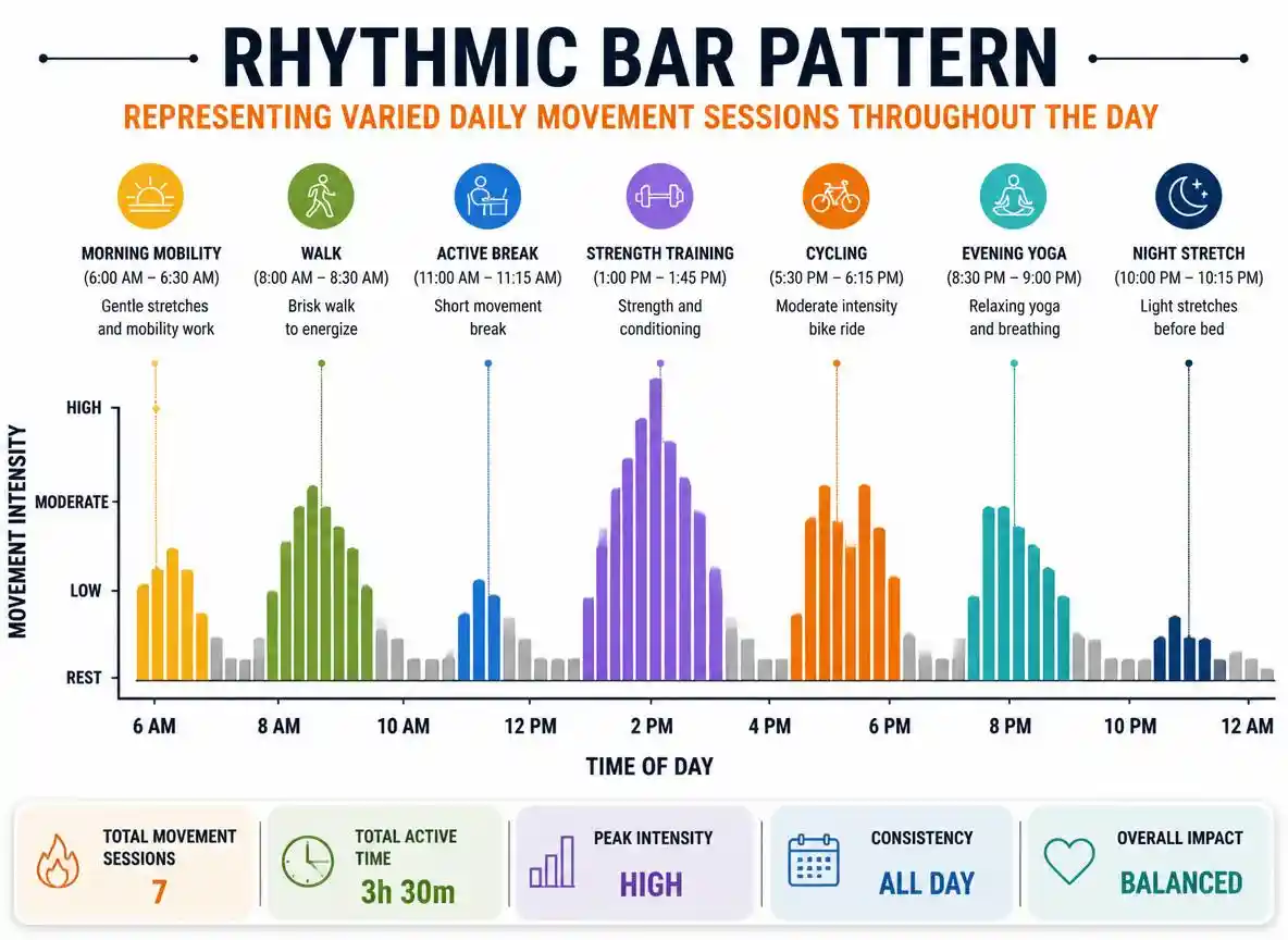 Rhythmic bar pattern representing varied daily movement sessions throughout the day
